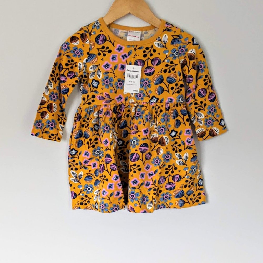 Hanna Andersson Long Sleeve Playdress Gold, Pink, Blue Floral 80 18-24 months